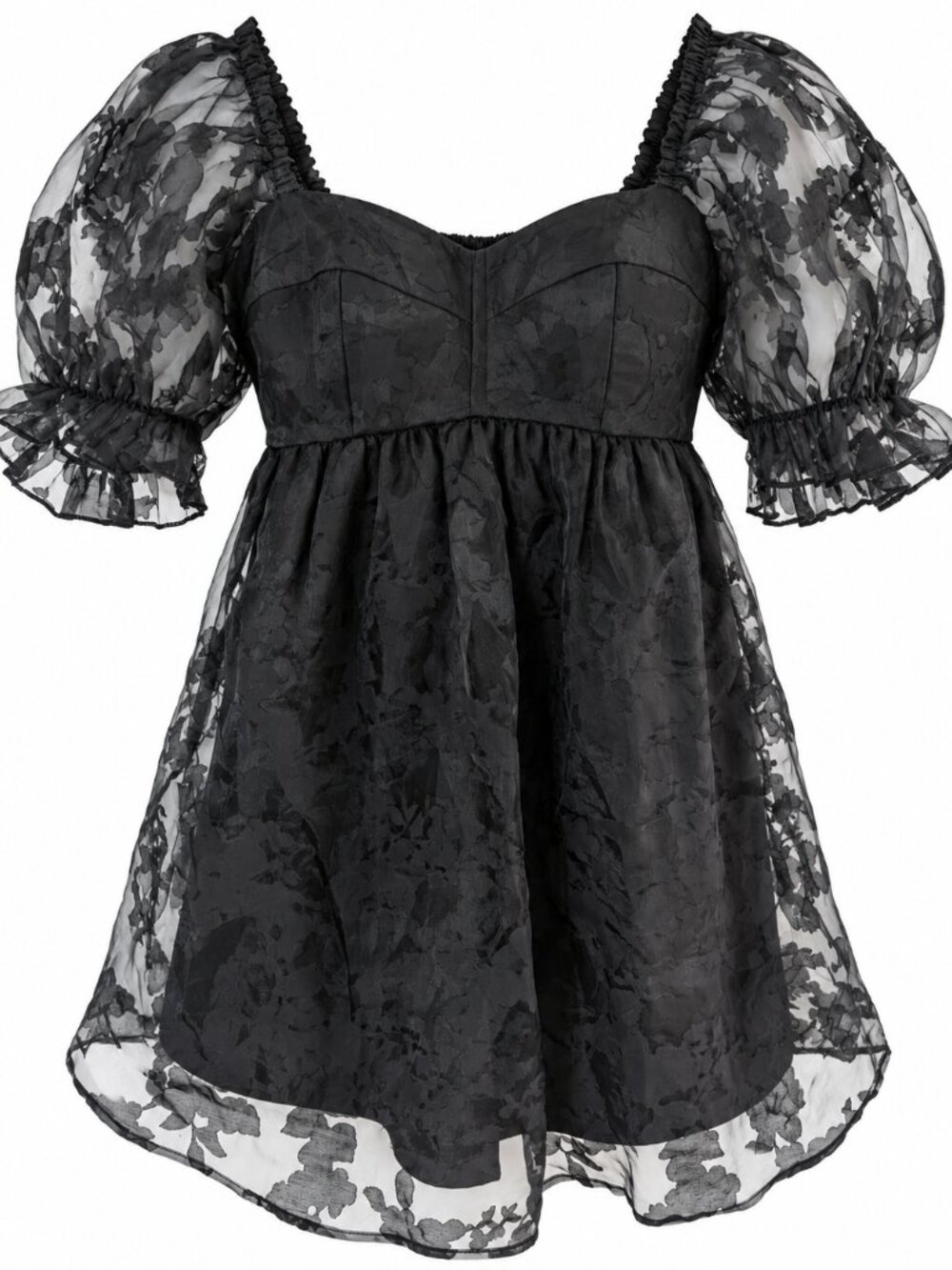 Black Sheer Floral Puff Sleeve Babydoll Mini Dress – Size S Witchy Whimsygoth